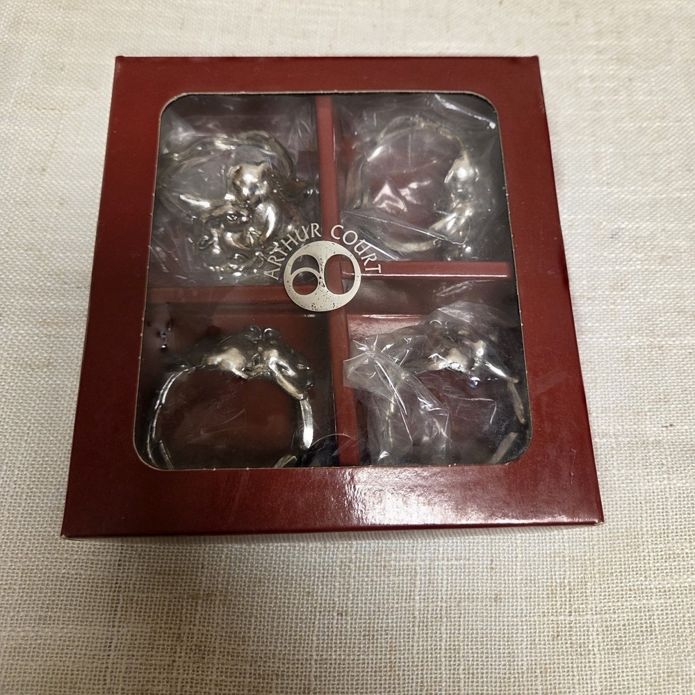 Arthur Court Bunny Napkin Rings Set‎ 4 Signed Aluminum Easter Rabbits Vintage